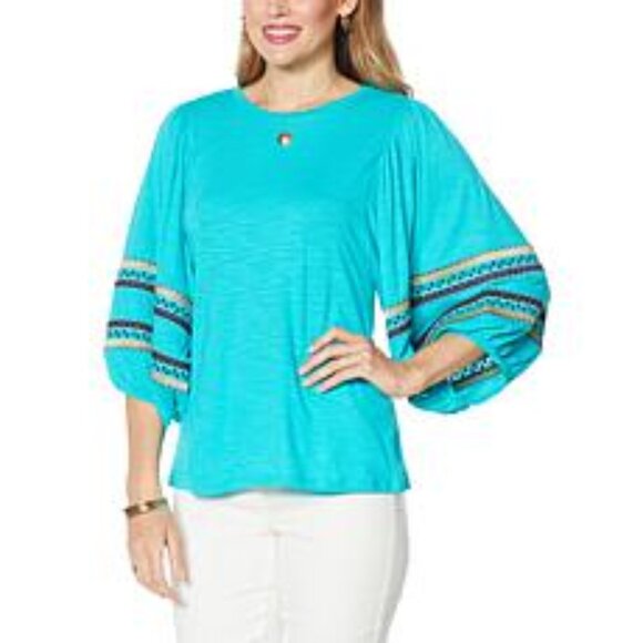 DG2 by Diane Gilman Tops - DG2 by‎ DIANE GILMAN Teal Green Embroidered Balloon-Sleeve Top Blouse Tee (2X)